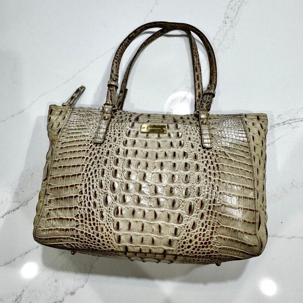 Brahmin Croc Embossed Tan Handbag.